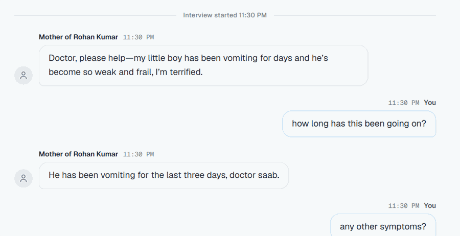 Real encounter chat: a worried mother describing her son's three days of vomiting to the student doctor
