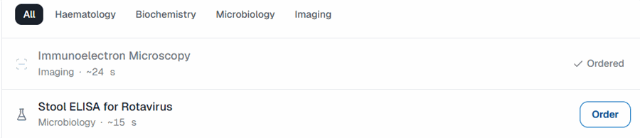 Real investigations screen: category tabs and two test rows, one ordered, one still pending